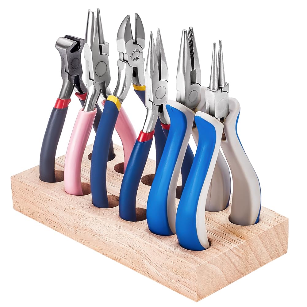 FINGERINSPIRE Wood Rectangular Pliers 12-Hole Storage Plate 15.8x7.7x2.3cm Wooden Plier Organizers Cord Hider Pliers Stand Plier Racks Block Holder for Pliers Storage and Management