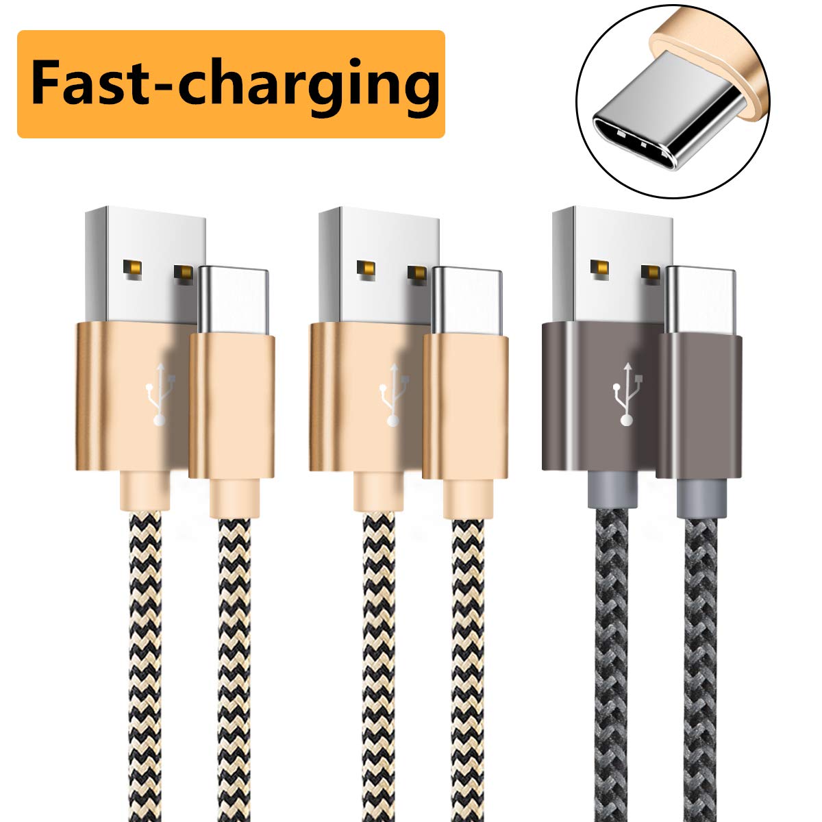 USB C Cable, OTISA [3Pack/6ft] Nylon Braided USB Type C Cable Fast Charging USB C Charger Compatible with Samsung Galaxy S8/S9/S10/S8+, Note 9/8, Sony Xperia XZ, Google Pixel - Gold, Grey