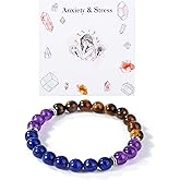 Natural Crystal Bracelet, Crystal Stone Natural Beaded Bracelet Amethyst Tiger Eye Anxiety Protection Good Luck Bracelet with Card for Women Birthday Gift Jewelry