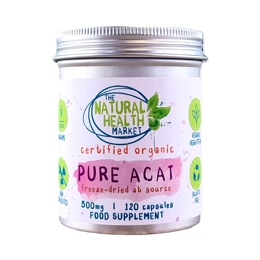 Pure Organic Acai Berry 500mg Capsules (120 Capsules) By The Natural Health Market • Certified Organic By The Soil Association • Vegan Capsules • Acai Berries Harvested in Brazil
