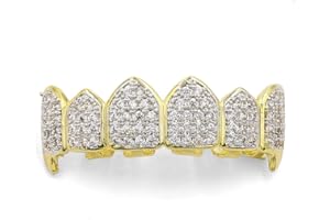 JINAO 18K Gold Plated Iced Out CZ Grillz Fang Top Bottom Mouth Teeth Grills Set for Men Women