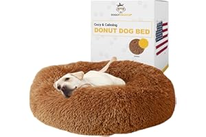 Doggykingdom Calming Round Donut Dog Bed Pillow, Washable, Anti Anxiety, Anti-Slip, Cozy Soft Cuddler Comfort Bed with Fluffy Plush Faux Fur for Large Medium Small Sized Dog - Khaki, 2XL 43 inch