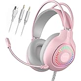 Anivia G1 Pink Gaming Headset for PS4, PS5, Xbox One, PC, Switch, Wired Over-Ear Headphone with Noise Isolation Microphone, Surround Sound Headphone with LED Light