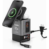 SUGOOL 105W Retractable Charging Station, 6-in-1 GaN Charger with Cables | 2 Retractable USB-C Cables | MagSafe-Compatible Pad | Built-In Wall Plug | Fast Charging for iPhone, AirPods and MacBook