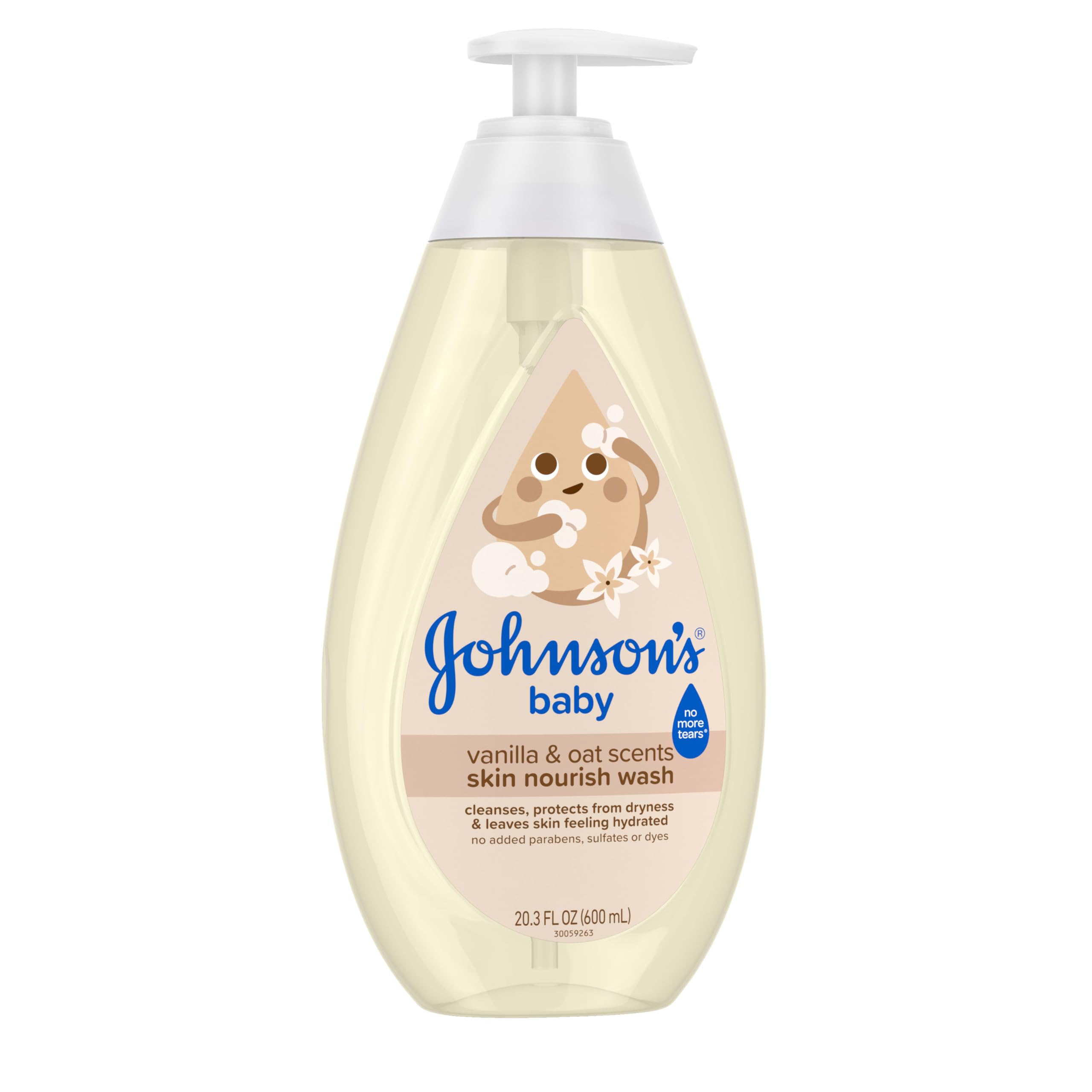 Johnson's Skin Nourishing Moisture Baby Wash, Vanilla & Oat Scents, Tear-Free, Hypoallergenic Baby Body Wash Cleanses, Protects from Dryness, & Leaves Skin Feeling Hydrated, 20.3 fl. oz