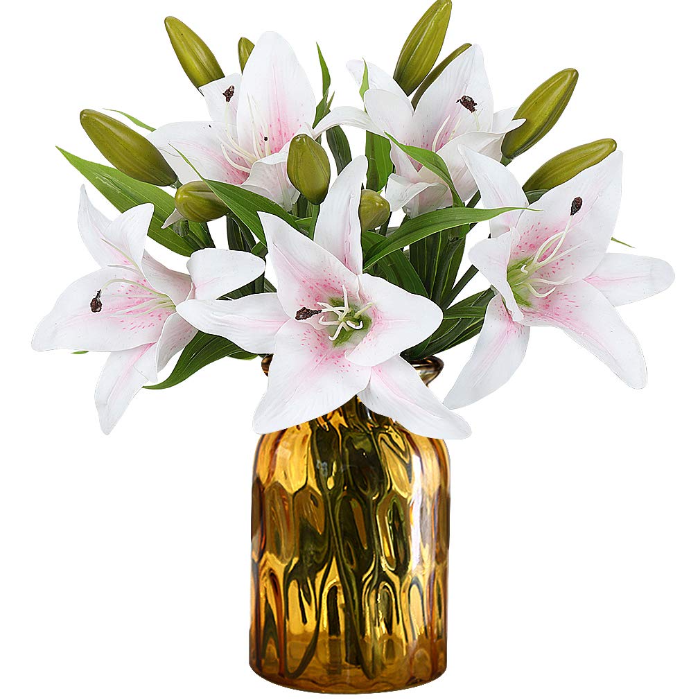 RERXN ERXN Artificial Tiger Lily Latex Real Touch Flower Home Wedding Party Decor,Pack of 5 (White with red heart)