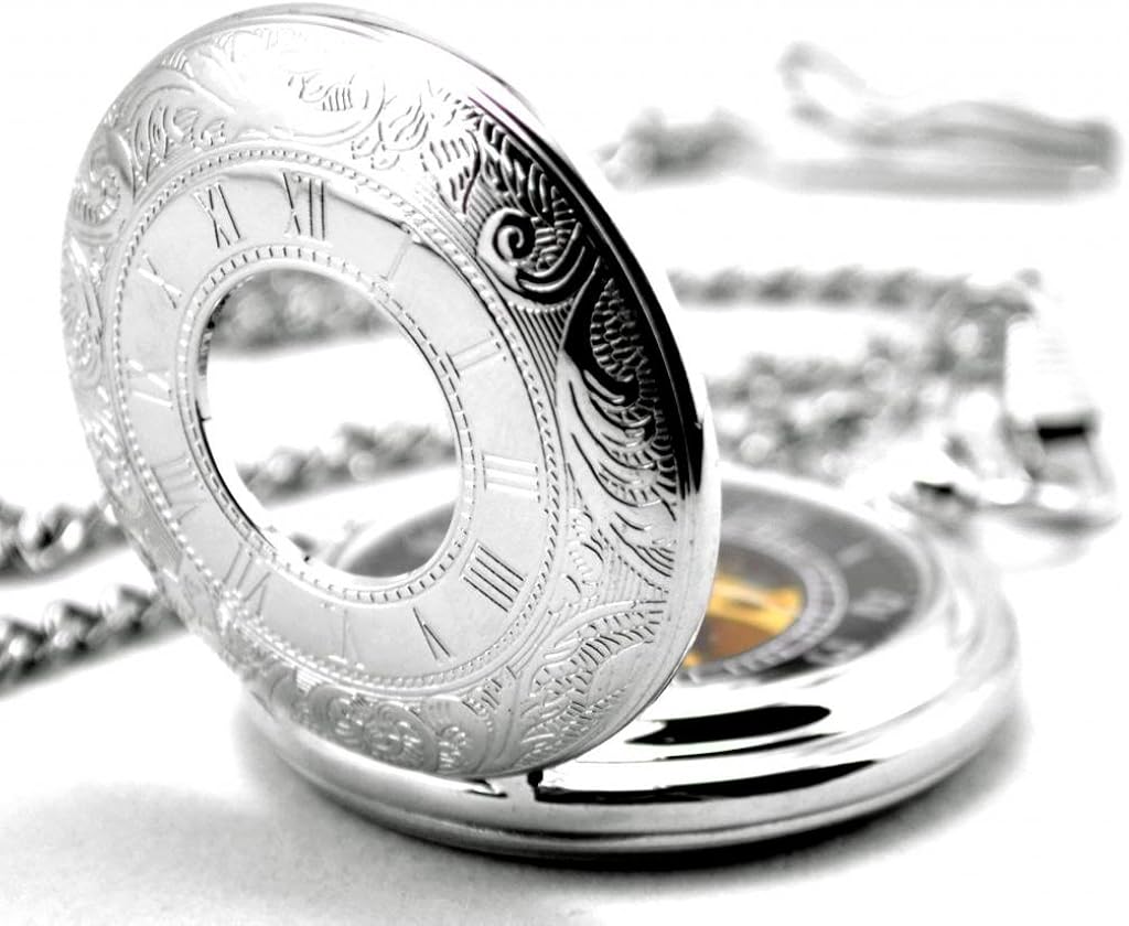Infinite U Double Time Display Skeleton Hollow Steel Handwind Mechanical Pocket Watch Silver - Image 5