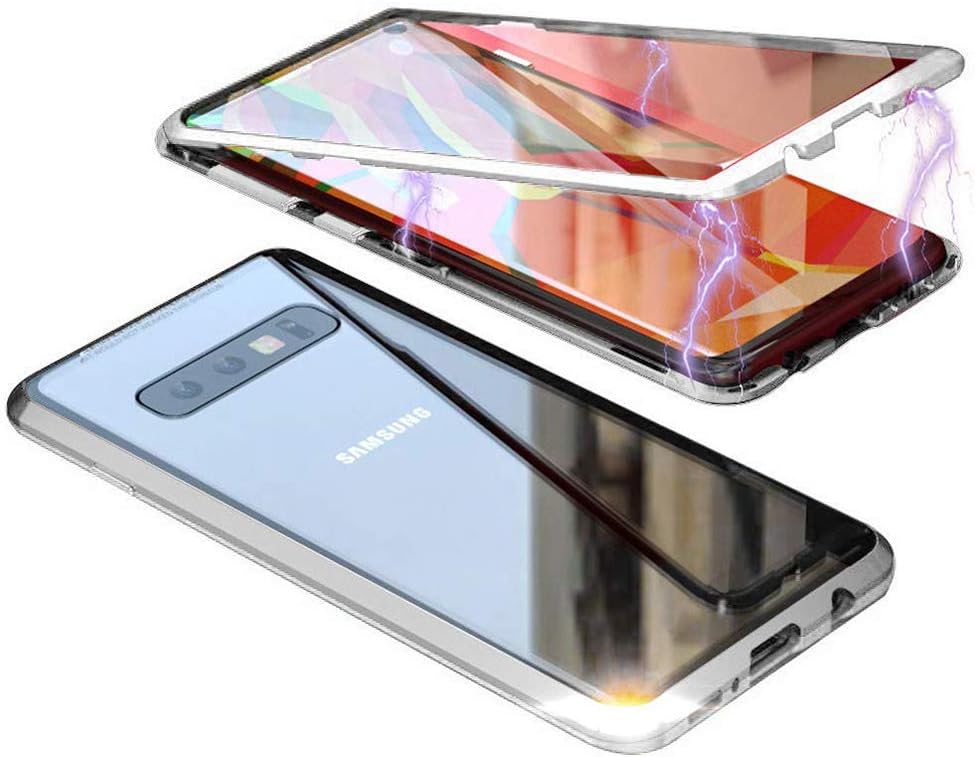 HONTECH Compatible Galaxy S10 Case, Slim Magnetic Adsorption Metal Frame with Built-in Magnet Flip Tempered Glass Cover (Silver)