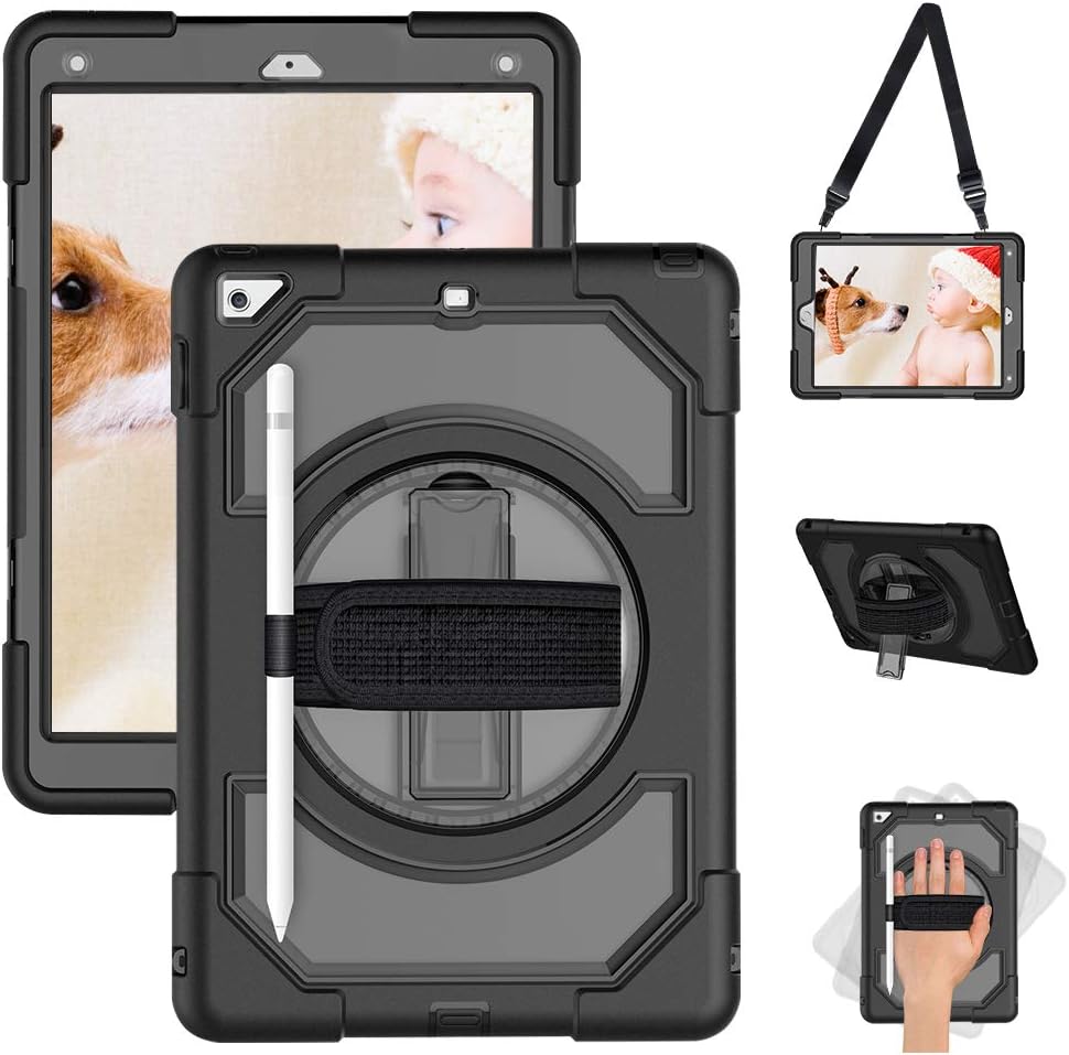 SUPFIVES iPad 6th Generation Case iPad 9.7 Case Protective Cover with Hand Strap+Shoulder Strap+Rotating Stand, Full Body Rugged Shockproof Case for iPad 5th Generation Case Kids 9.7 Inch (Black)