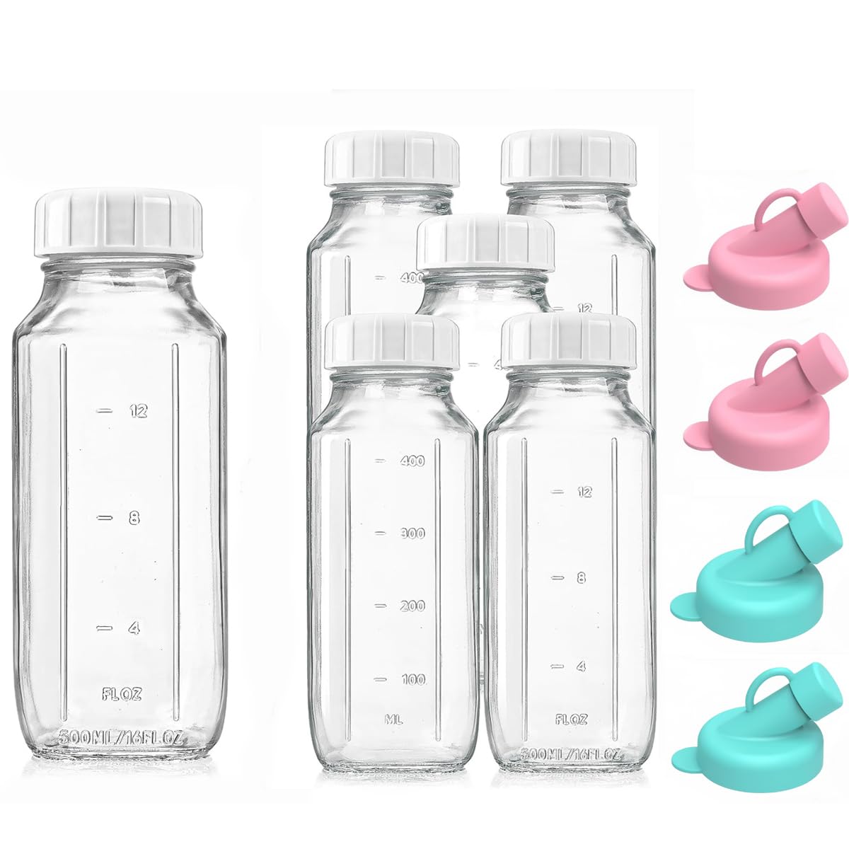 AOSEE 6 Pack 500ml/16oz Glass Milk Bottles with Lid,Reusable Dairy Drinking Bottles with Capacity Mark With 4pcs Silicone Bottle Dispenser for Juices, Dressings, Sauces, Beverages (500ML-6Pack)
