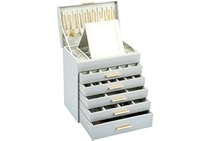 BOOVO Jewelry Box with Necklace Hanger – 6 layer Jewelry Organizer for Women with 5 Drawers, Large Jewelry Storage Boxes –Jewelry Organizers and Storage for Earrings, Necklaces (Grey, 6 layer)