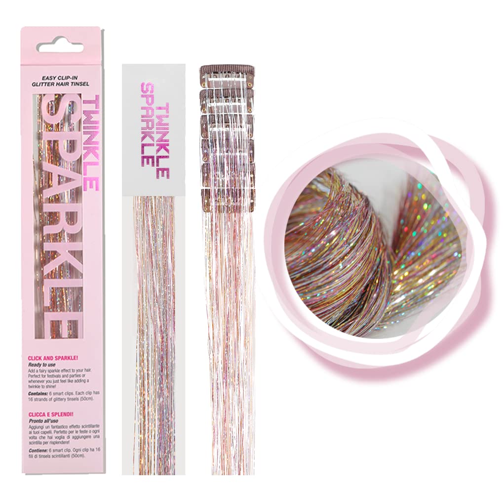 Photo 1 of GALAXY 6 Pcs Clip-in Hair Tinsel Kit, 19.6 Inch Heat Resistant Glitter Tinsel Hair Extension Clips, Fairy Hair Sparkle Strands Festival Gift Party Dazzle Accessories for Women Girls Kids