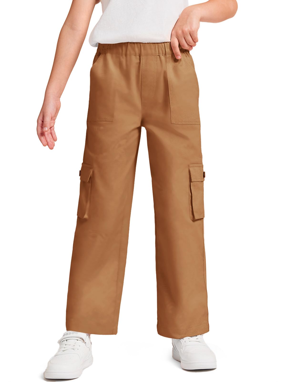Photo 1 of Haloumoning Girls Cargo Pants High Elastic Waist Kids Straight Leg Twill Trousers with Pockets 5-14 Years Coffee