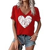 Womens Funny Valentines V Neck Shirt Lover Heart Cut Out Cold Shoulder Short Sleeve Tee Couple Matching Spring Top