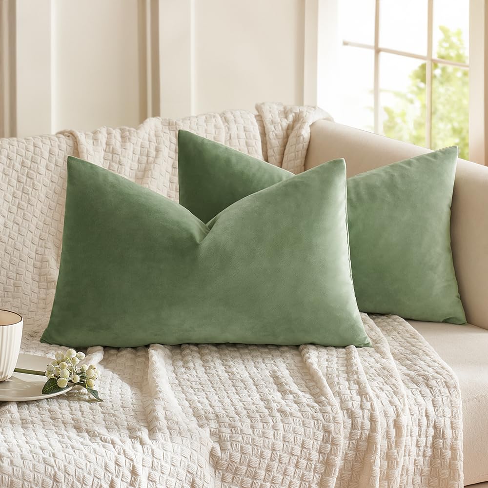 MIULEE Velvet Soft Soild Microfiber Decorative Square Pillow Case Throw Cushion Cover for Sofa Bedroom with Invisible Zipper 12x20 Inch 30x50cm Pea Green Set of 2 Lined