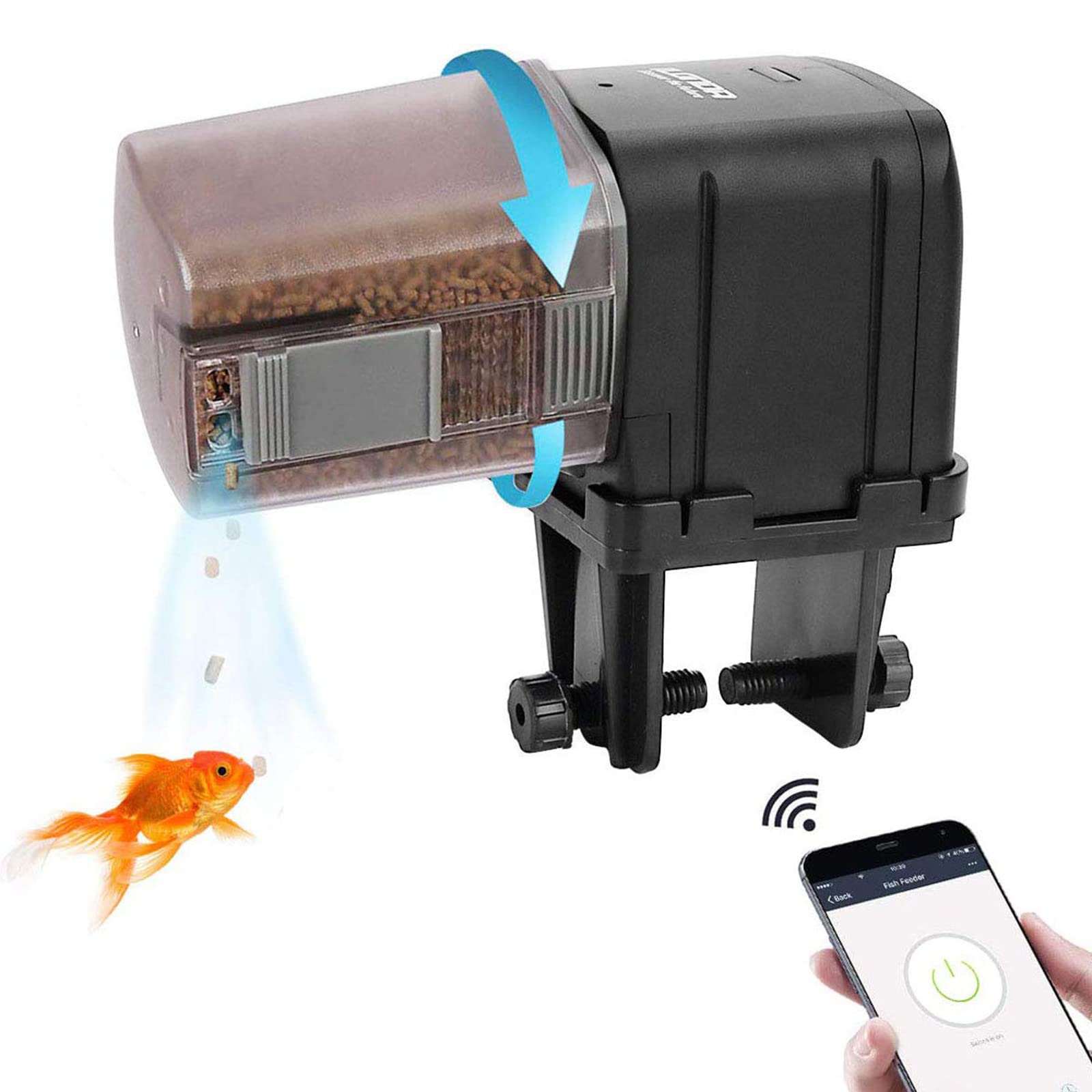 Lychee Aquarium Automatic Feeder, WIFI Controlled Timer Fish Food Dispenser with LCD Display for Fish Tank Pond Holiday (Black)