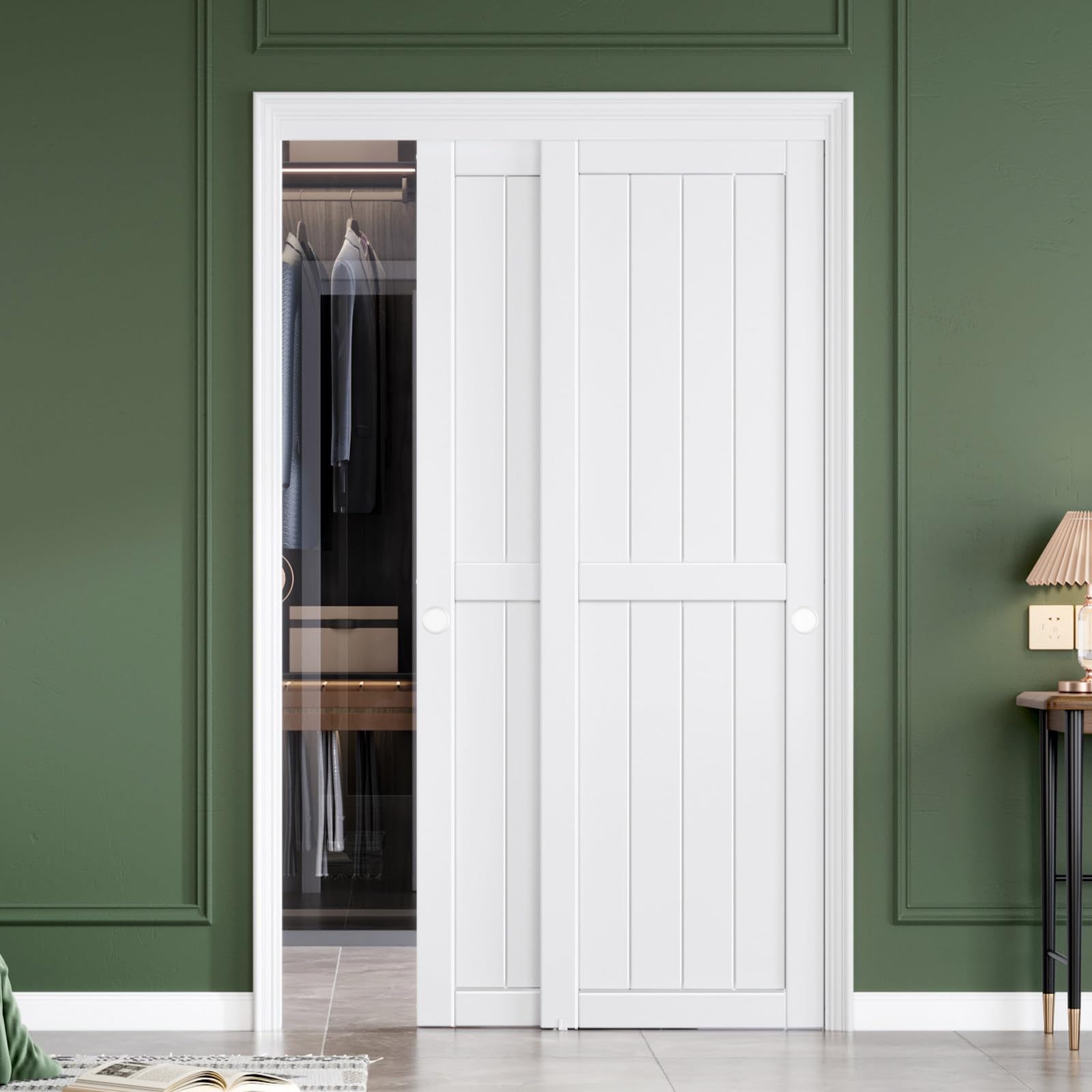 Photo 1 of FREDBECK Sliding Closet Doors 48x80(Double 25inch),Bypass Barn Door with Hardware,for Bedroom,White,H Frame,Assemble Required