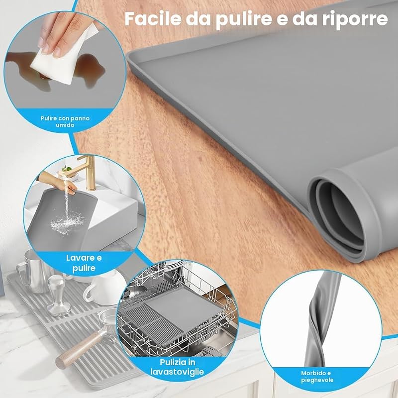 60 x 40 cm Tappetino Macchina Caffe, 2 in 1 Set di Tappetini da Caffè, assorbente, Ad asciugatura rapida, Tappetino Scolapiatti in Silicone Staccabile(Grigio) — foto 3 di 8