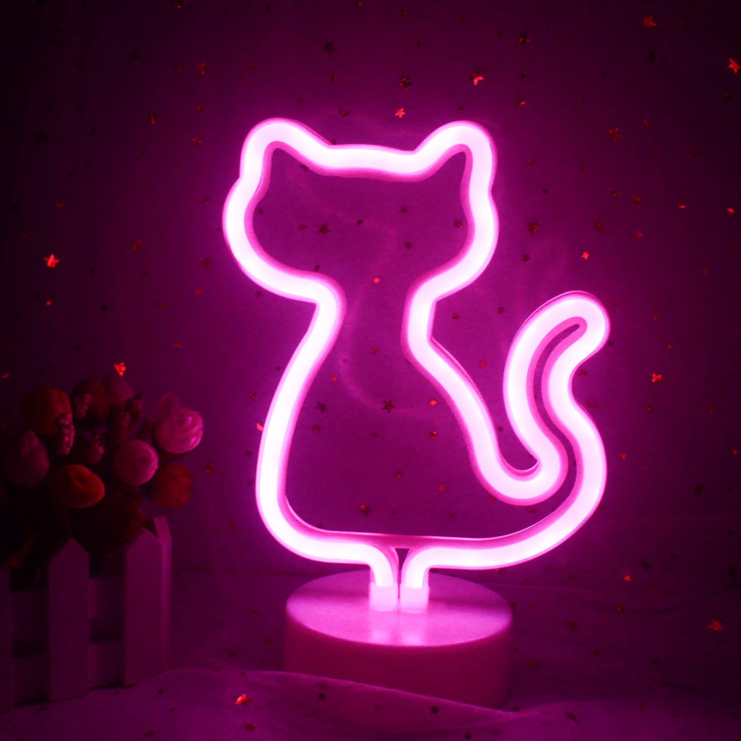 Neon Sign with Base Cat Stand Holder Neon Lights Small Night Lamp USB/Battery Signs for Kidsroom Bedroom Birthday Gift Party Supply(Pink)