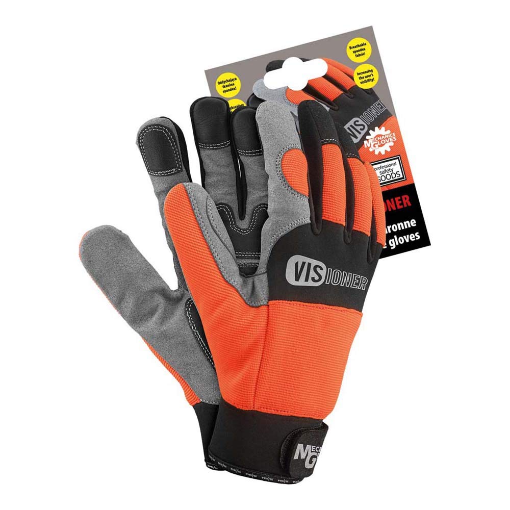 Reis Rmc-Visioner_M Mechanics Grip Gloves, Protective Gloves, Orange-Black-Grey, Medium Size, Pack of 12