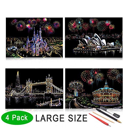 Egosky Scratch Art Paper Rainbow Painting Sketch Pad DIY Night View Scratchboard for Adults and Kids - 4 Packs, 16 X 11.2 Inches - Thumbnail 7
