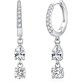 Gold Plated Two-Stone Dangle Huggie Earrings for Women - Elegant Cubic Zirconia Hoop Earrings with Pear & Round Cut Stones - Lightweight, Hypoallergenic & Stylish Jewelry Gift