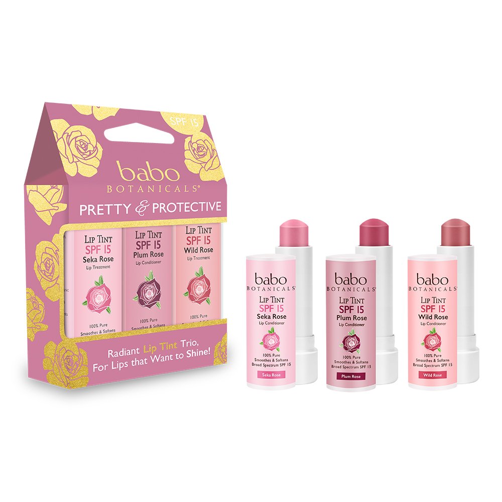 Babo Botanicals 70+% Organic Tinted Lip Conditioner SPF 15, Trio Gift Set, Water-Resistant Lip Balm - 3-Pack 0.15 oz.