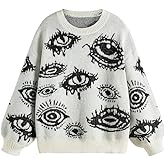SKAYS Women's Goth Punk Sweater Crewneck Pullover Y2K Knit Cropped Graphic Drop Shoulder Tops