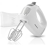 OVENTE 5-Speed Corded Electric Hand Mixer with Stainless Steel Whisks, Compact Portable Design with Snap-On Storage Case,150W Lightweight Handheld Mixer for Baking & Cooking, White HM151W