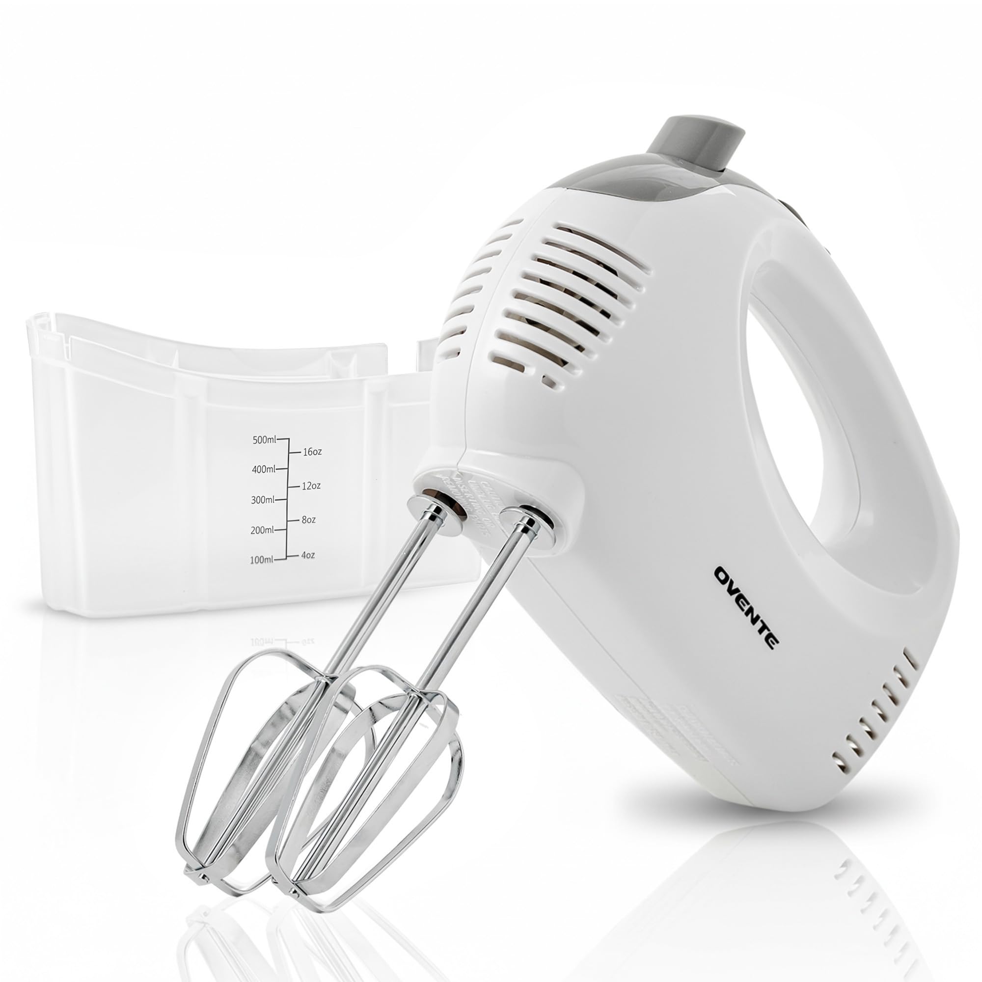 Photo 1 of OVENTE 5-Speed Corded Electric Hand Mixer with Stainless Steel Whisks, Compact Portable Design with Snap-On Storage Case,150W Lightweight Handheld Mixer for Baking & Cooking, White HM151W