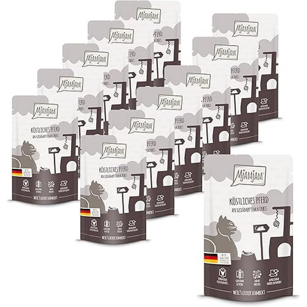 MjAMjAM - premium wet food for cats - Quetschie - delicious horse on steamed pumpkin, pack of 12 (12 x 125 g), grain-free with extra meat