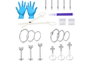 JIESIBAO 22PCS Ear Piercing Kit,14G Piercing Needles Piercing Clamps with 16G Cartilage Earring CZ Labret Monroe Lip Tragus Helix Earring Stud Barbell Piercing Jewelry Silver Ear Lip Piercing Kit