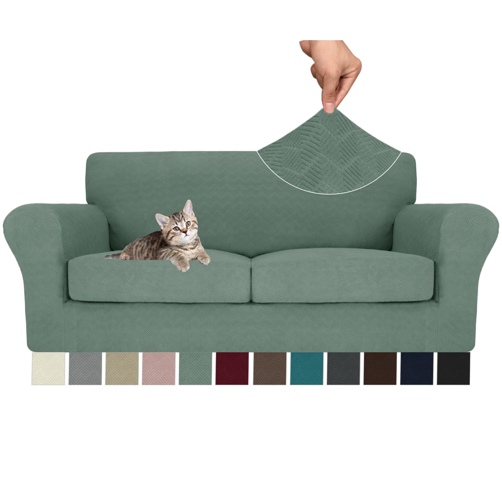 Photo 1 of MAXIJIN 3 Piece Couch Covers for 2 Cushion Couch Sofa Cover, Stretch Loveseat Sofa Slipcovers for Sofas with 2 Large Cushions, Thick Dogs Pet Furniture Covers (71"-91", Pea Green)