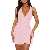 Women Sexy Halter Deep V Neck Ruched Bodycon Dress Summer Side Slit Mesh Hem Cocktail Club Party Short Mini Dresses