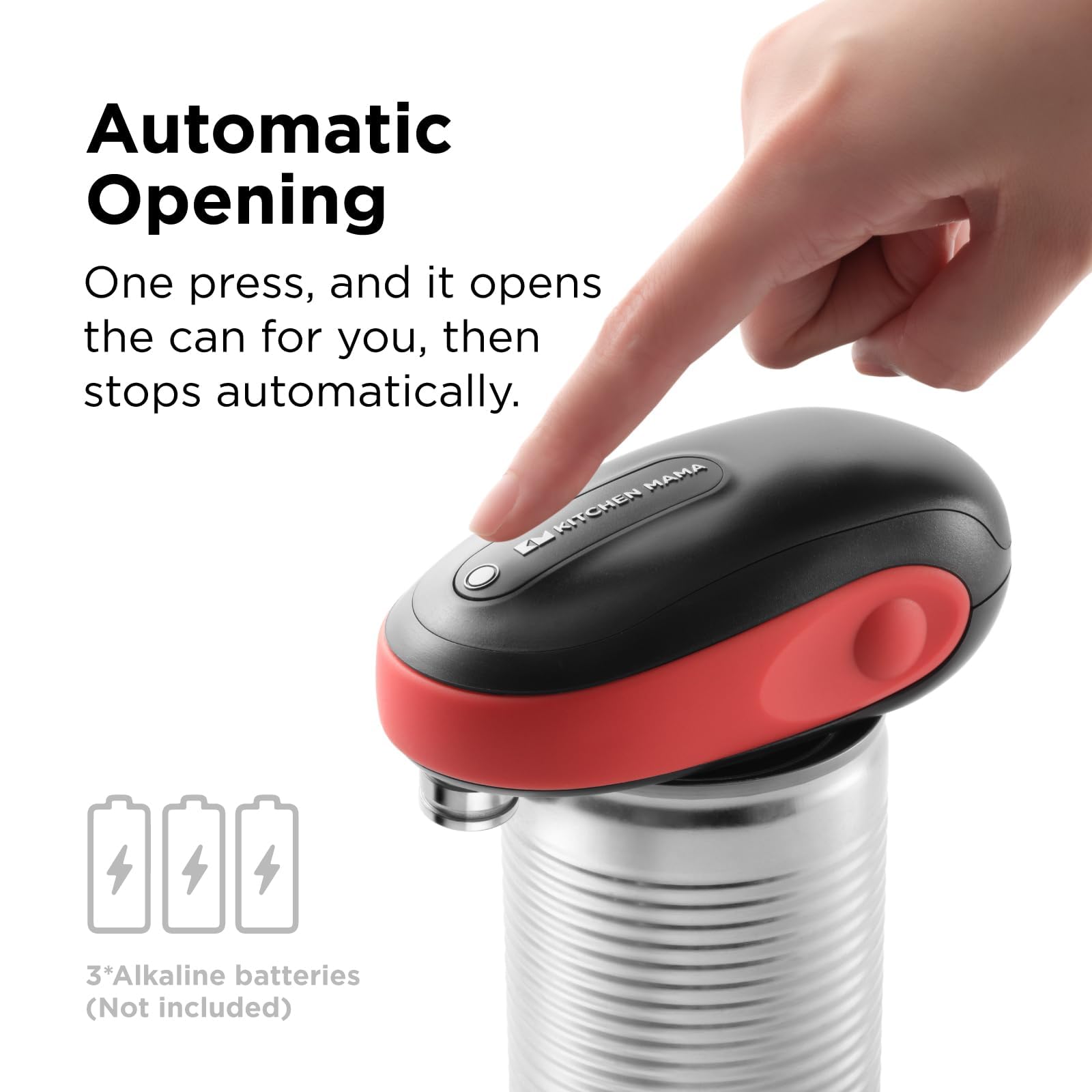 Kitchen Mama One-To-Go Electric Can Opener: One Touch, Auto Stop, Smooth Edge, Lid Lift, Safety, Automatic, Magnetic, Cordless, Battery Operated, Kitchen Appliance for Senior with Arthritis (Red)