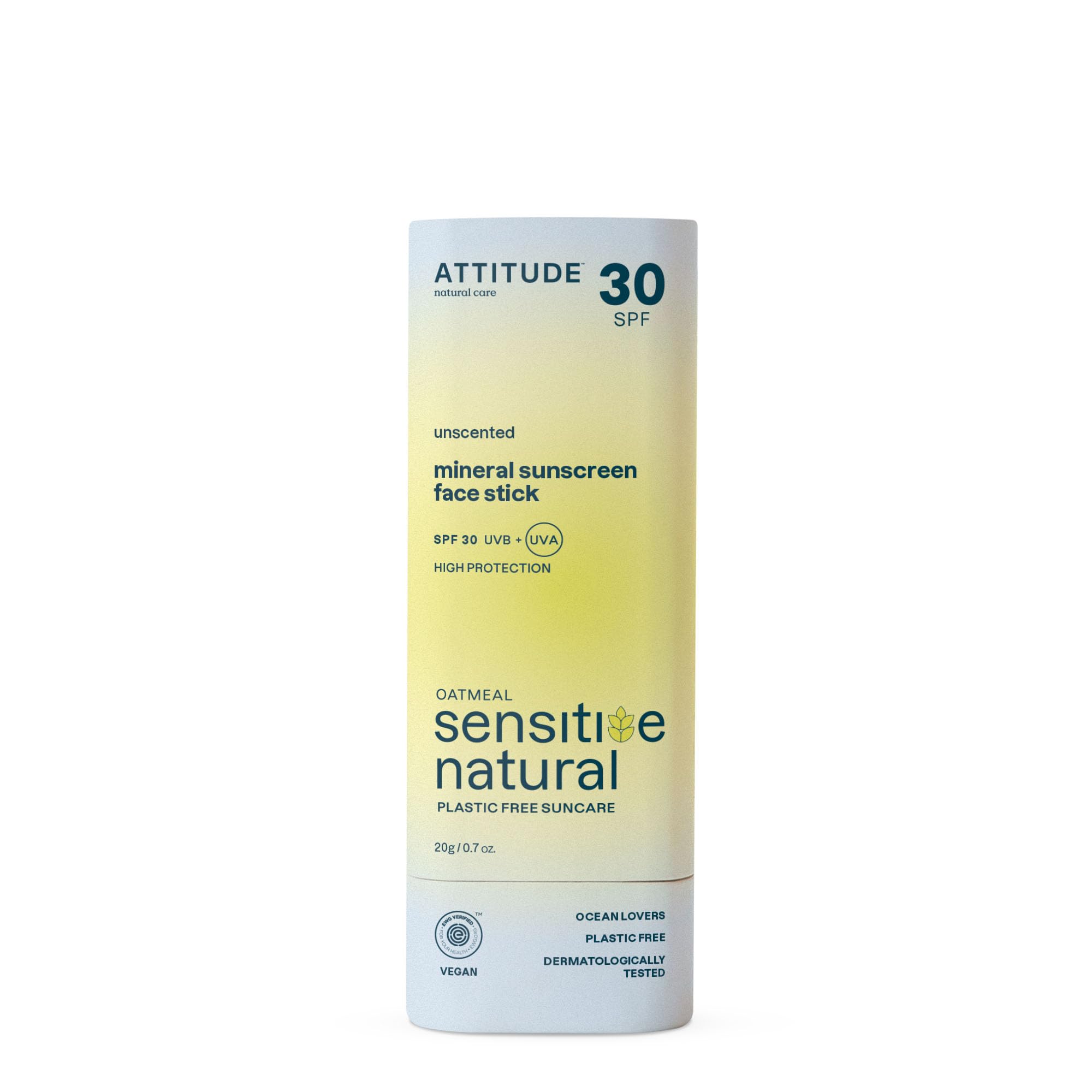 ATTITUDE Mineral Sunscreen Face Stick for Sensitive Skin, SPF 30, EWG Verified, Plastic-Free, Broad Spectrum UVA/UVB Protection with Zinc Oxide, Dermatologically Tested, Vegan, Unscented, 20 g