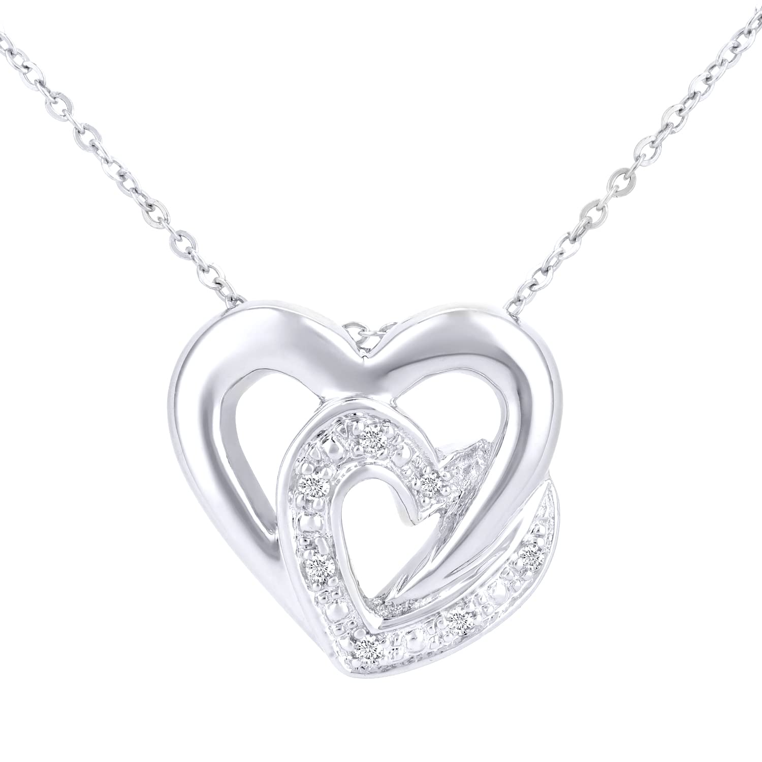 Elegano 9ct White Gold Necklace – Double Heart Link Diamond Pendant Women’s Necklace