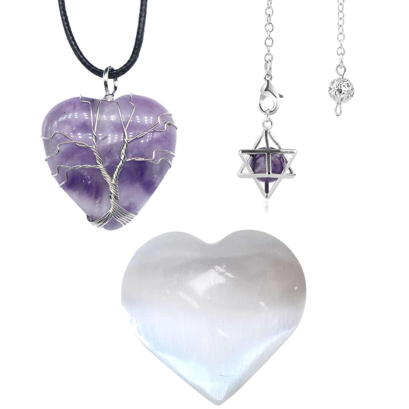 Soulnioi Heart-Shaped Crystals Set, 1pc Heart Shaped Translucent Plaster, 1pc Heart-Shaped Amethyst Necklace Wax Rope, 1pc Amethyst Melkaba Six-Manifold Pendulum Pendent for Meditation Beginners