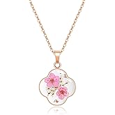 jayden Four Leaf Clover Necklace for Women - Forget-Me-Not and Queen Anne's Lace Pressed Flower Necklace,Handmade Boho Jewelry,Lucky Clover Pendant | 18"