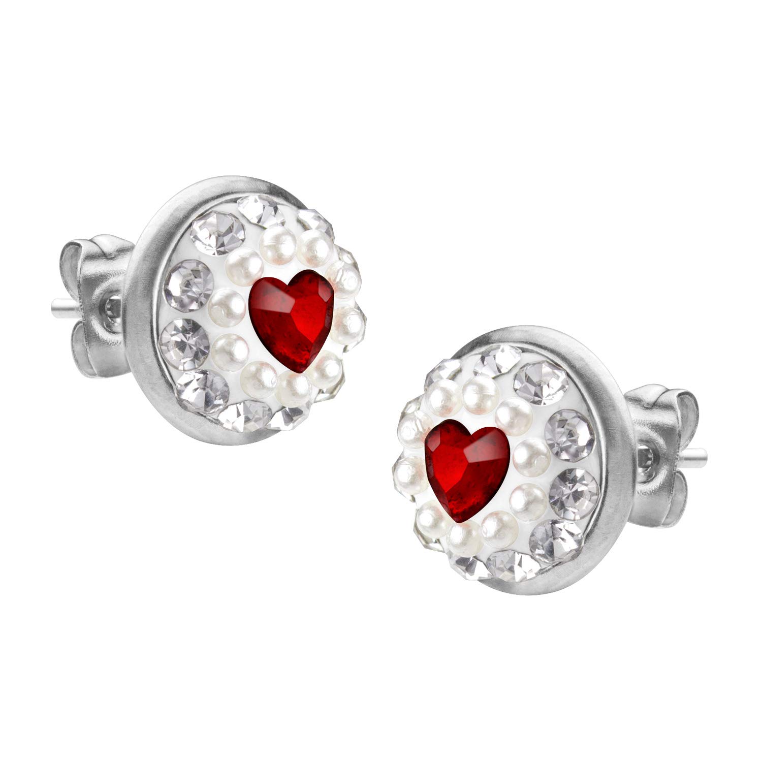 555Jewelry Round Stainless Steel, Pearls & Cubic Zirconia Heart Stud Earrings, Heart Earrings for Women, Heart Studs, Small Earrings for Girls & Women, Silver, Metal, Cubic Zirconia