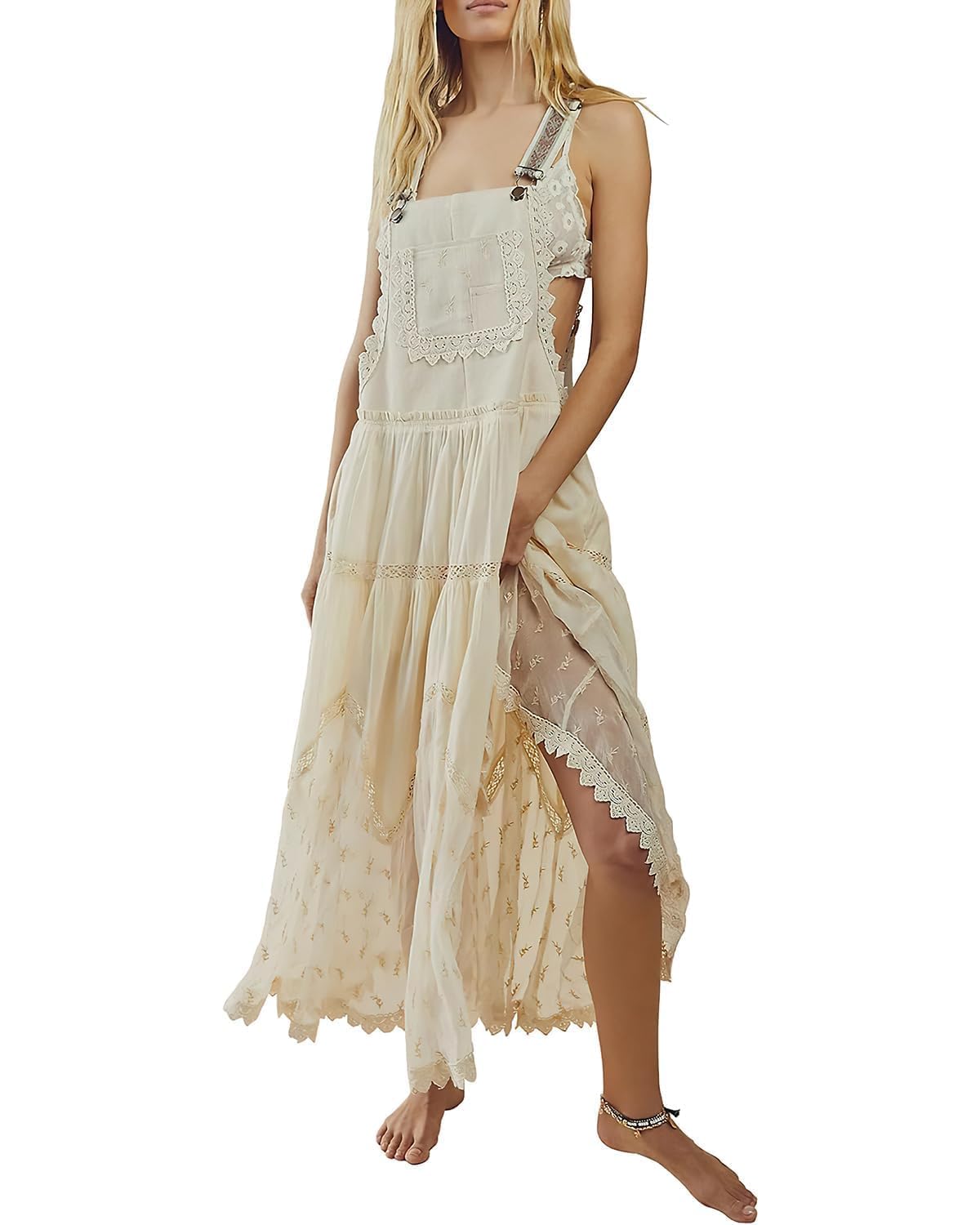 Photo 1 of ebossy Women's Laced Embroidered Tulle Bib Dress Casual Loose Adjustable Straps Maxi Dress (L, Apricot)