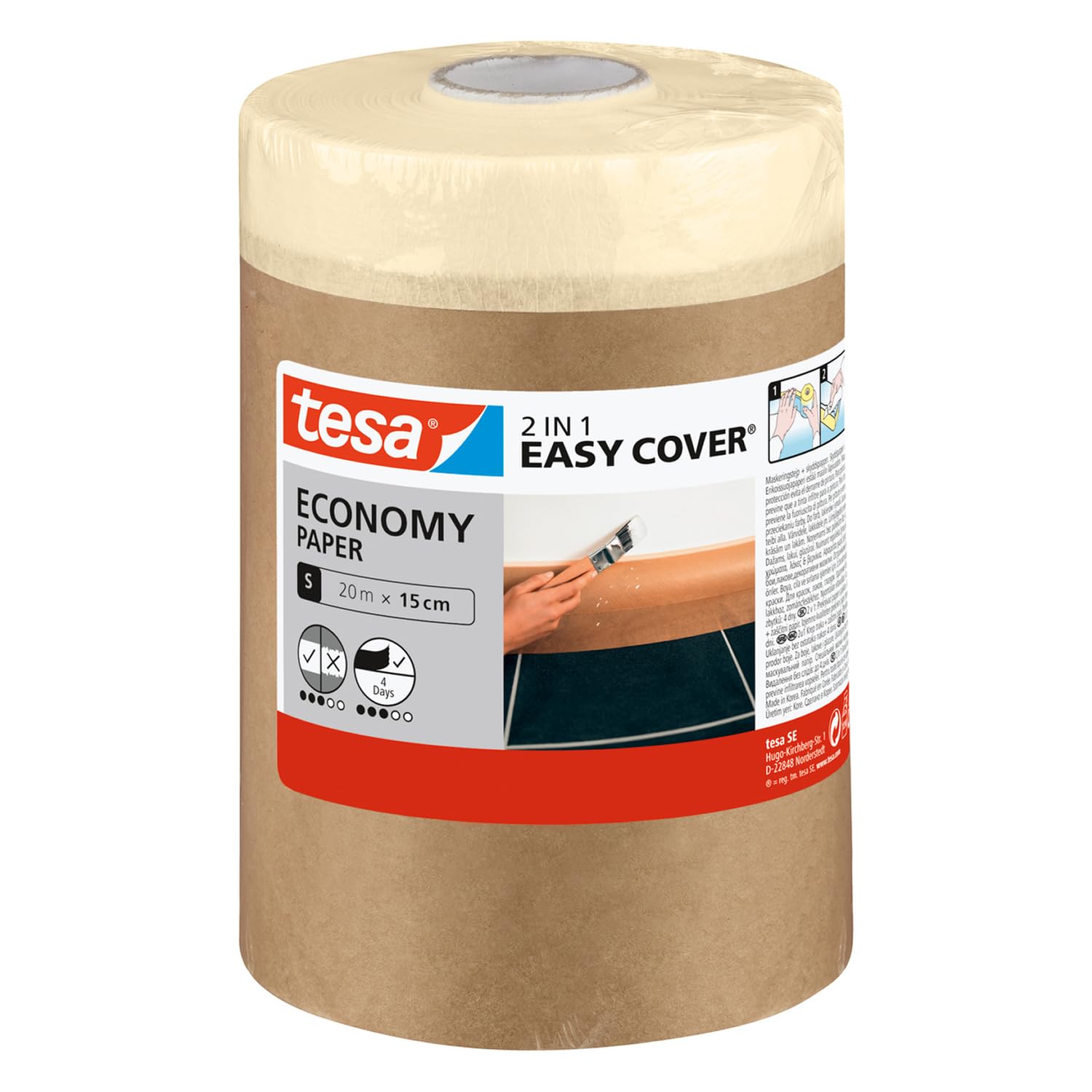 tesa Easy Cover Universal Paper - 2in1 Painter's Masking Paper with self-Adhesive Masking Tape for Painting and renovations - 20 m x 15 cm