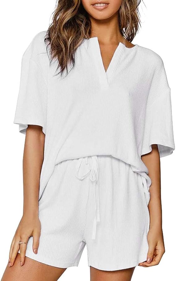 SADUORHAPPY Women's Pajama VNeck Rib Short Sleeve Sleepwear Soft Pj