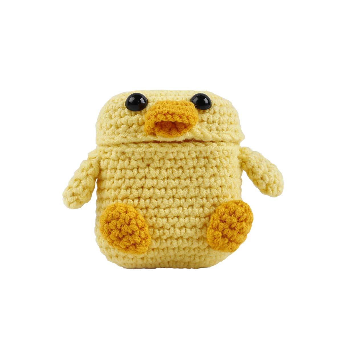 Case for Airpods 1 and 2 with Silicone Inside and Crochet Outside in the Shape of a Duck, Yellow