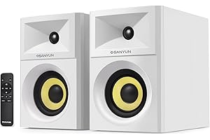 Sanyun SW205 80W 4” Powered Bookshelf Speakers with Wooden Cabinet - Innovative Exterior Designs and Advanced DSP Chips - Optical 3.5mm Aux and Bluetooth 5.4 Inputs – Wireless Remote (Pair, White)