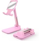 HZZADZXW Cell Phone Stand, Adjustable Angle and Height Cell Phone Holder for Desk, Foldable and Portable, Anti-Slip Silicone Pad, Compatible with All Mobile Phones and 4-8 Inch Devices, Pink