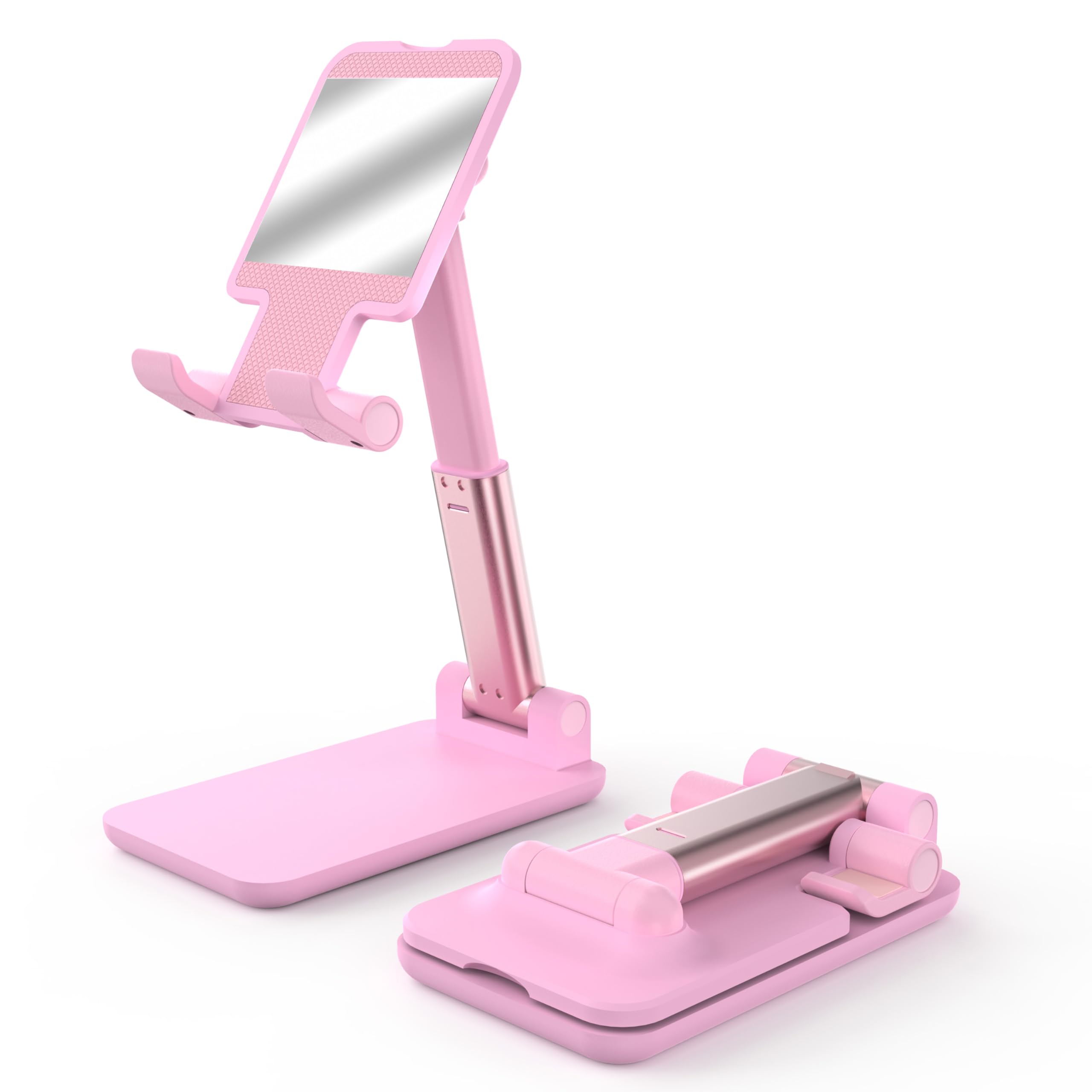 Photo 1 of HZZADZXW Cell Phone Stand, Adjustable Angle and Height Cell Phone Holder for Desk, Foldable and Portable, Anti-Slip Silicone Pad, Compatible with All Mobile Phones and 4-8 Inch Devices, Pink