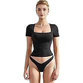 SUUKSESS Women Double Lined Fitted Basic Tee Square Neck Short Sleeve Y2K Crop Top