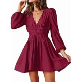 FAIABLE Mini Deep V Sexy Long Sleeve Dress for Women A-line High Waisted Casual Flowy Dress for Cocktail Wedding Guest