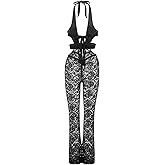Owl's-Yard Women Sexy Floral Lace Jumpsuit Y2K Spaghetti Strap Mesh See Though Hollow Out Backless Flare Playsuit Romper (A-01, L), Large